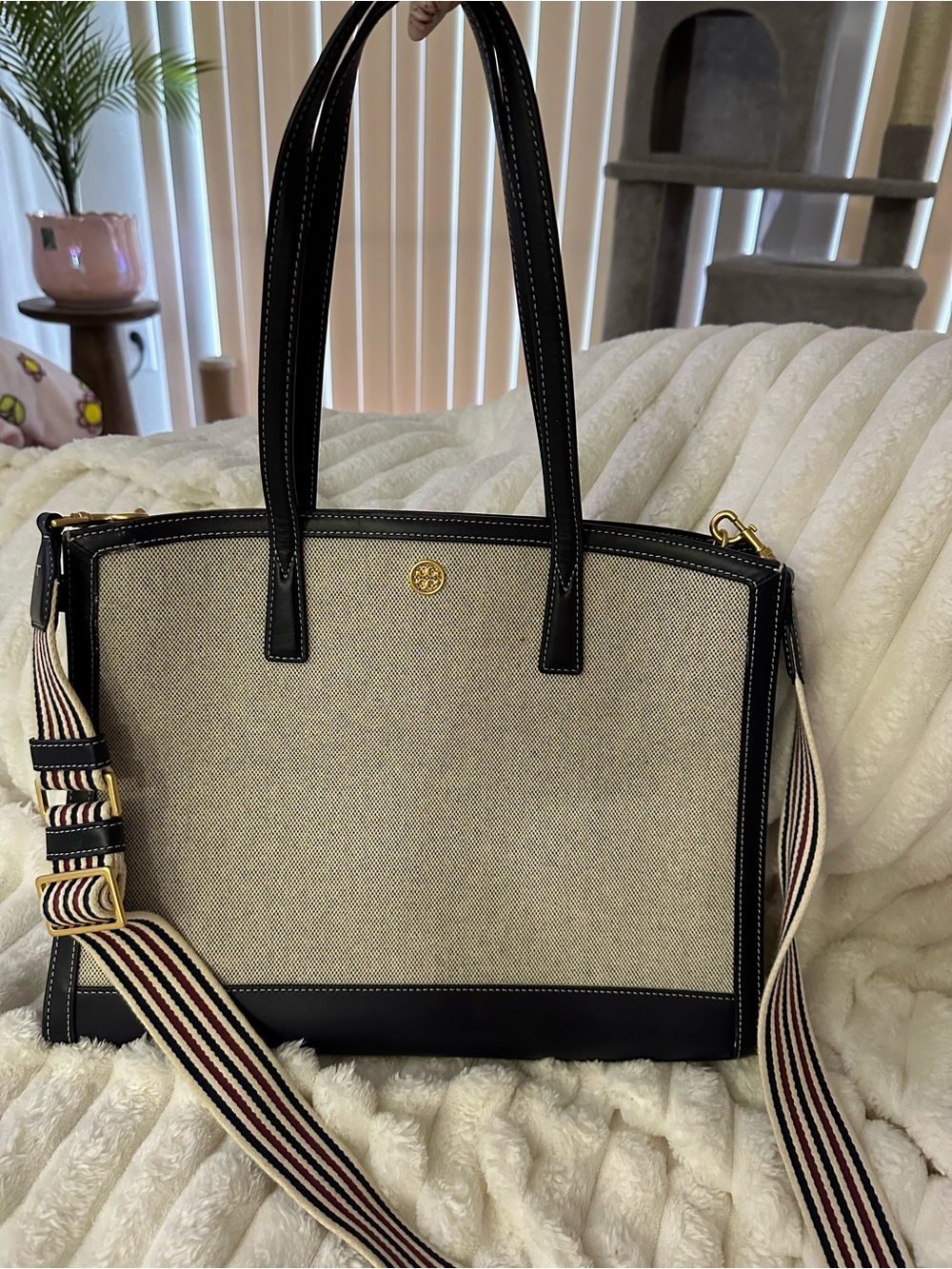 Tory Burch Beige Canvas Tote with Black Trim and Striped Strap